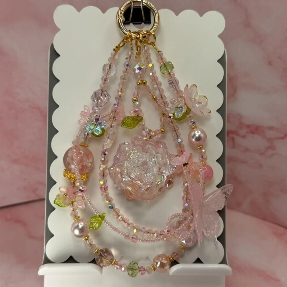 Rose Butterfly Pink Crystal Beaded Garden Phone Wristlet Bag Charm Keychain